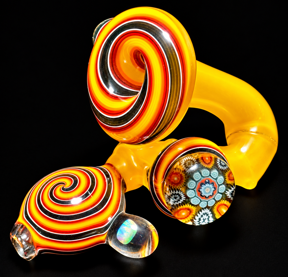 Future Glass Art (Ben Birney) Yellow & Fire Weiss Sherlock with Millefiori & Opal