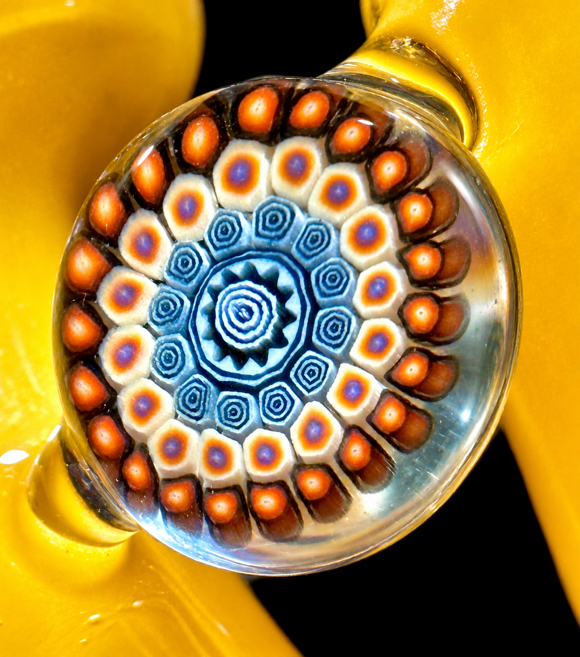 Future Glass Art (Ben Birney) Yellow & Fire Weiss Sherlock with Millefiori & Opal