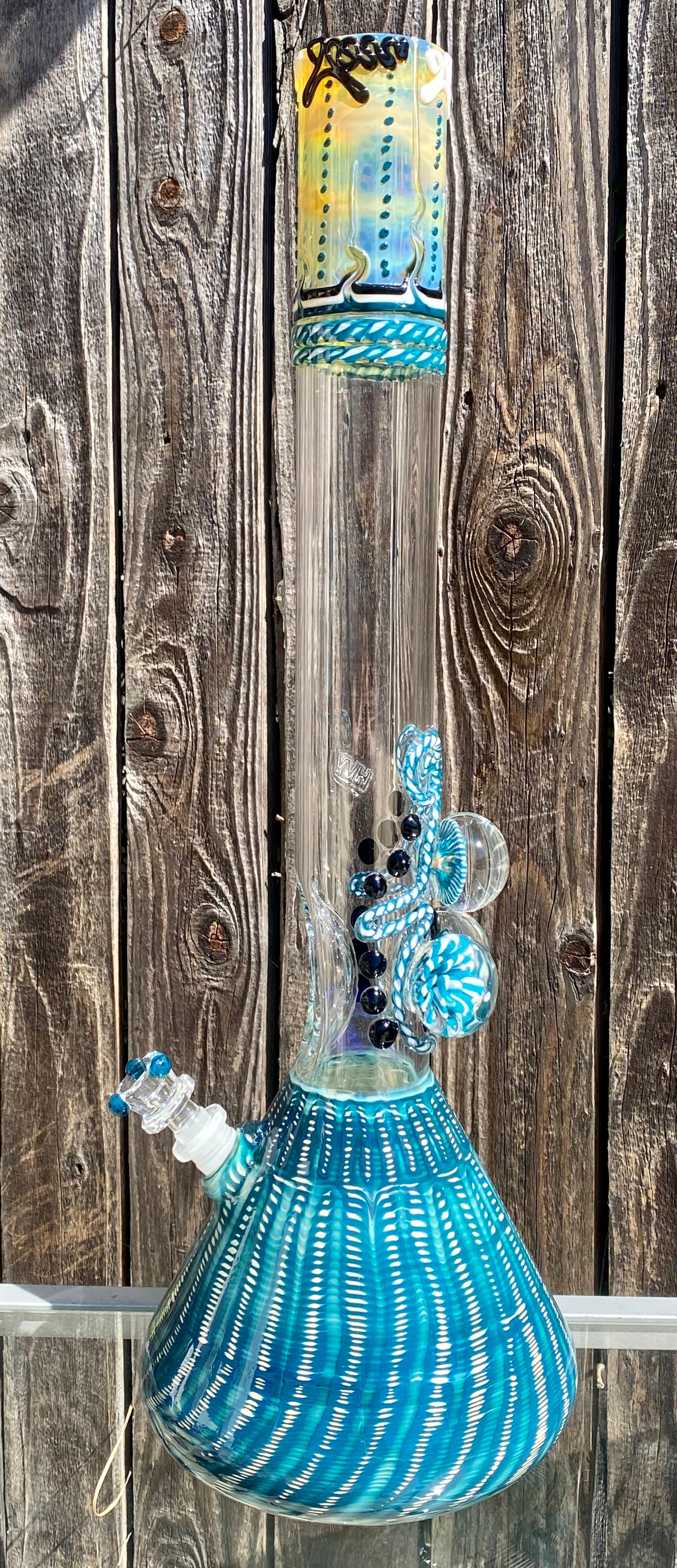 HVY Glass 19 1/2″ Aqua Raked & WRKD Beaker w/ 3 Marbles