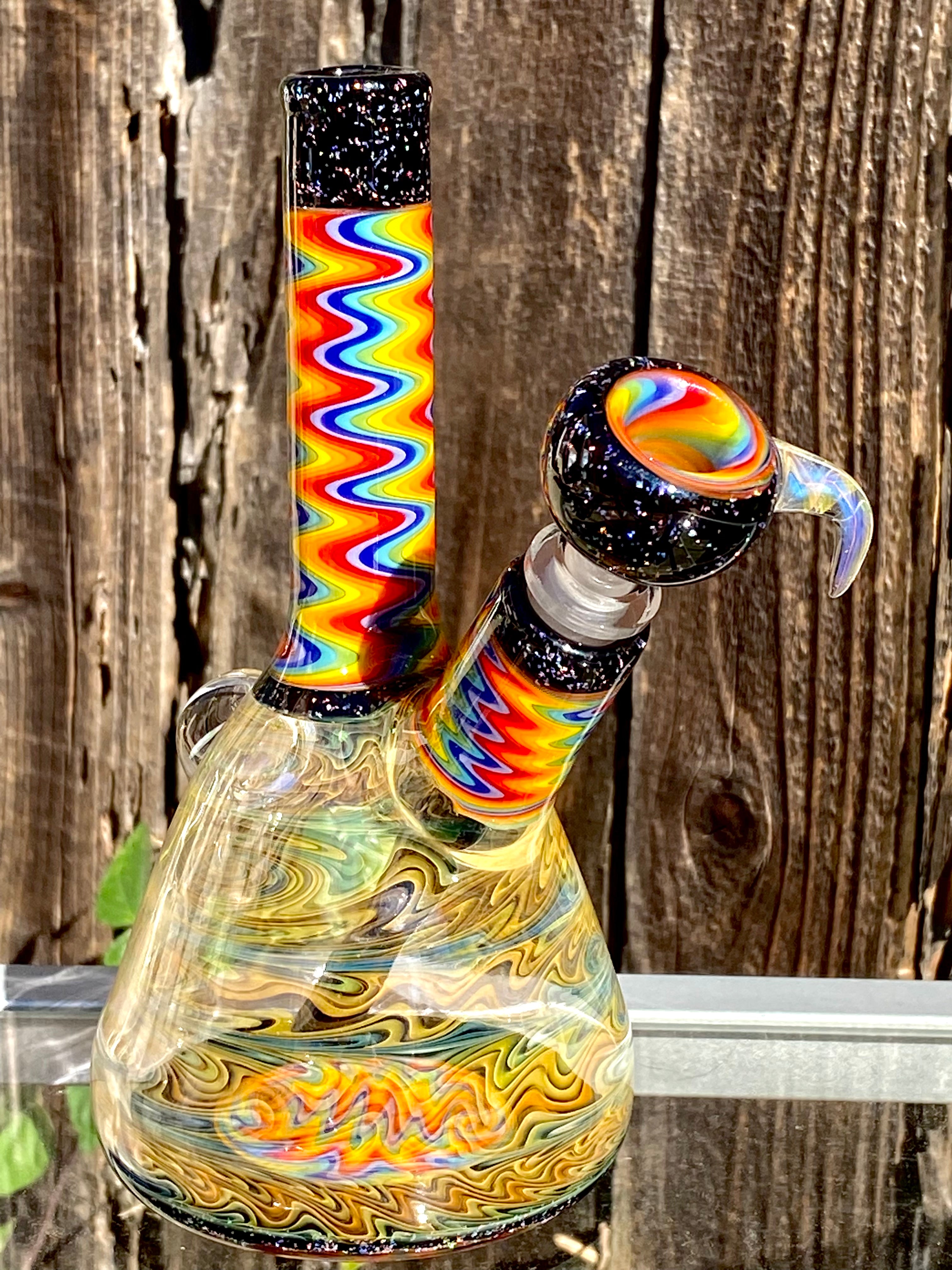 Jakers Glass CRUSHED OPAL Wig Wag Fully Worked and Fumed 10mm Beaker
