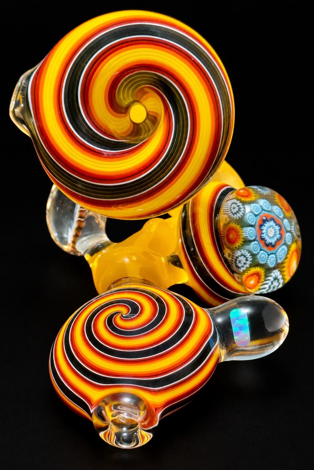Future Glass Art (Ben Birney) Yellow & Fire Weiss Sherlock with Millefiori & Opal