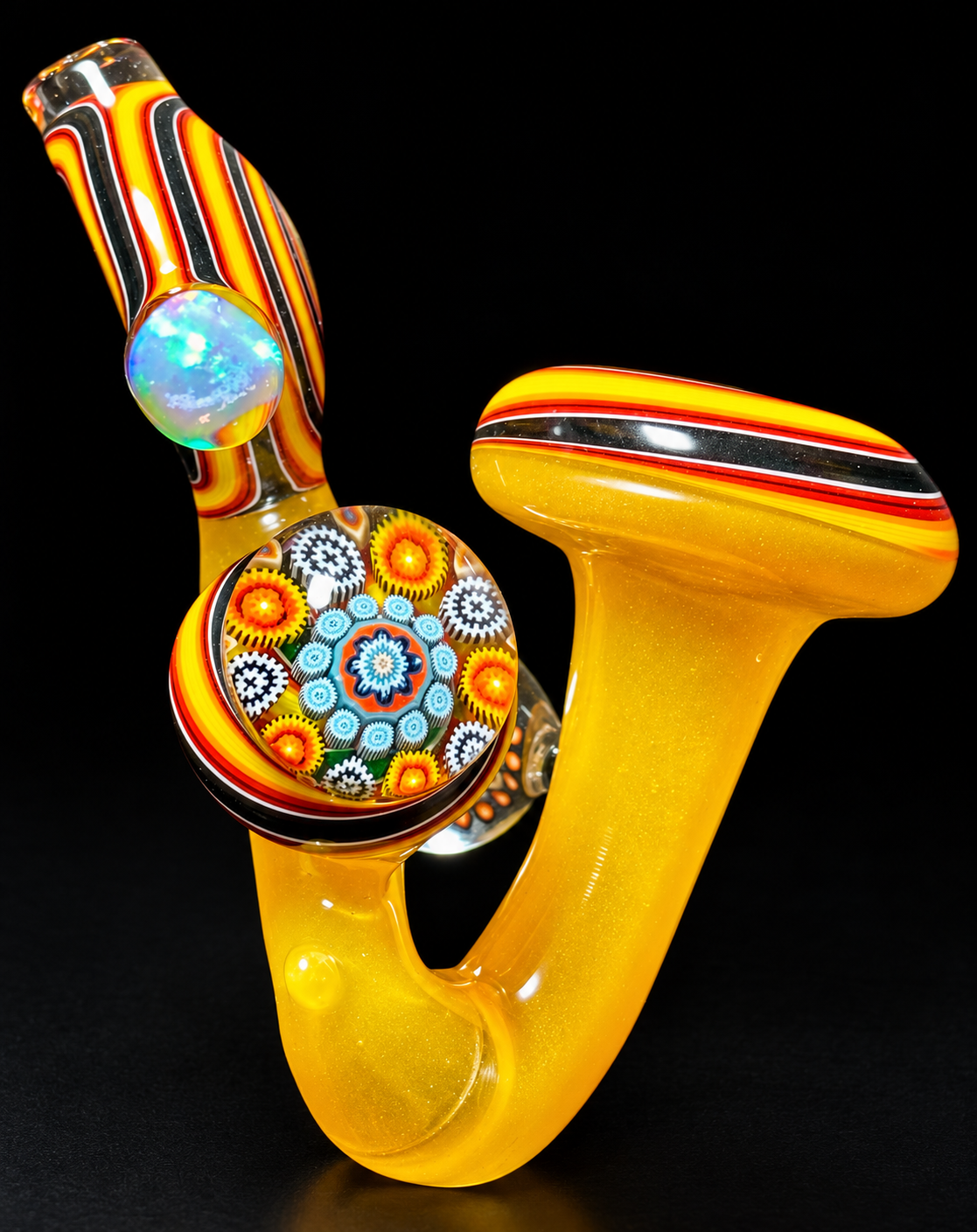 Future Glass Art (Ben Birney) Yellow & Fire Weiss Sherlock with Millefiori & Opal