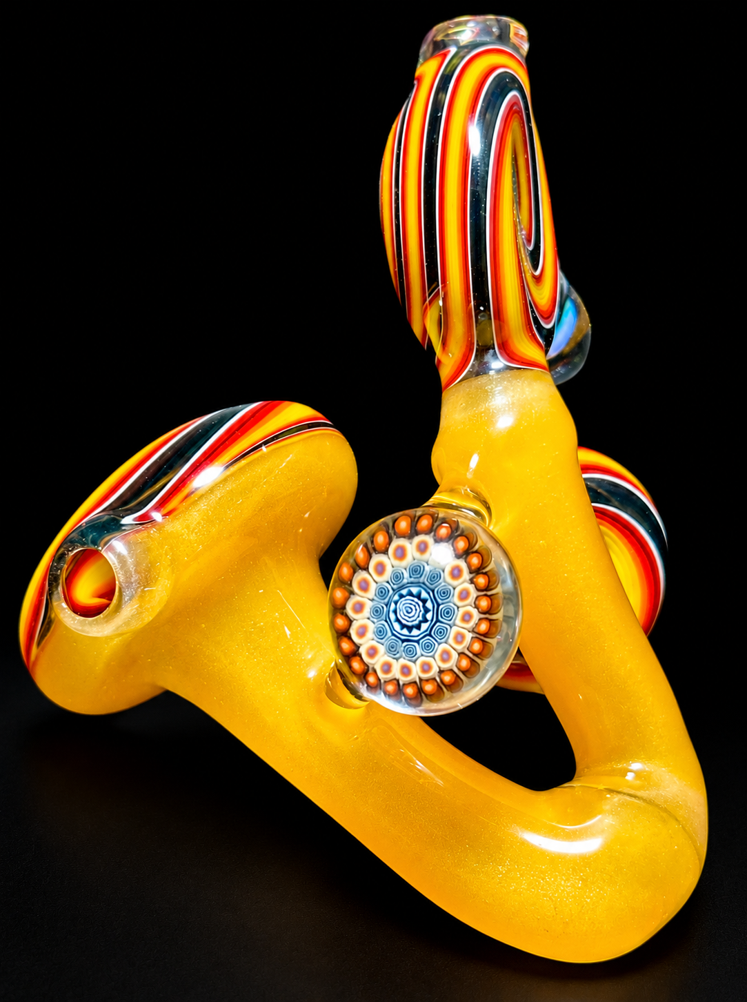 Future Glass Art (Ben Birney) Yellow & Fire Weiss Sherlock with Millefiori & Opal