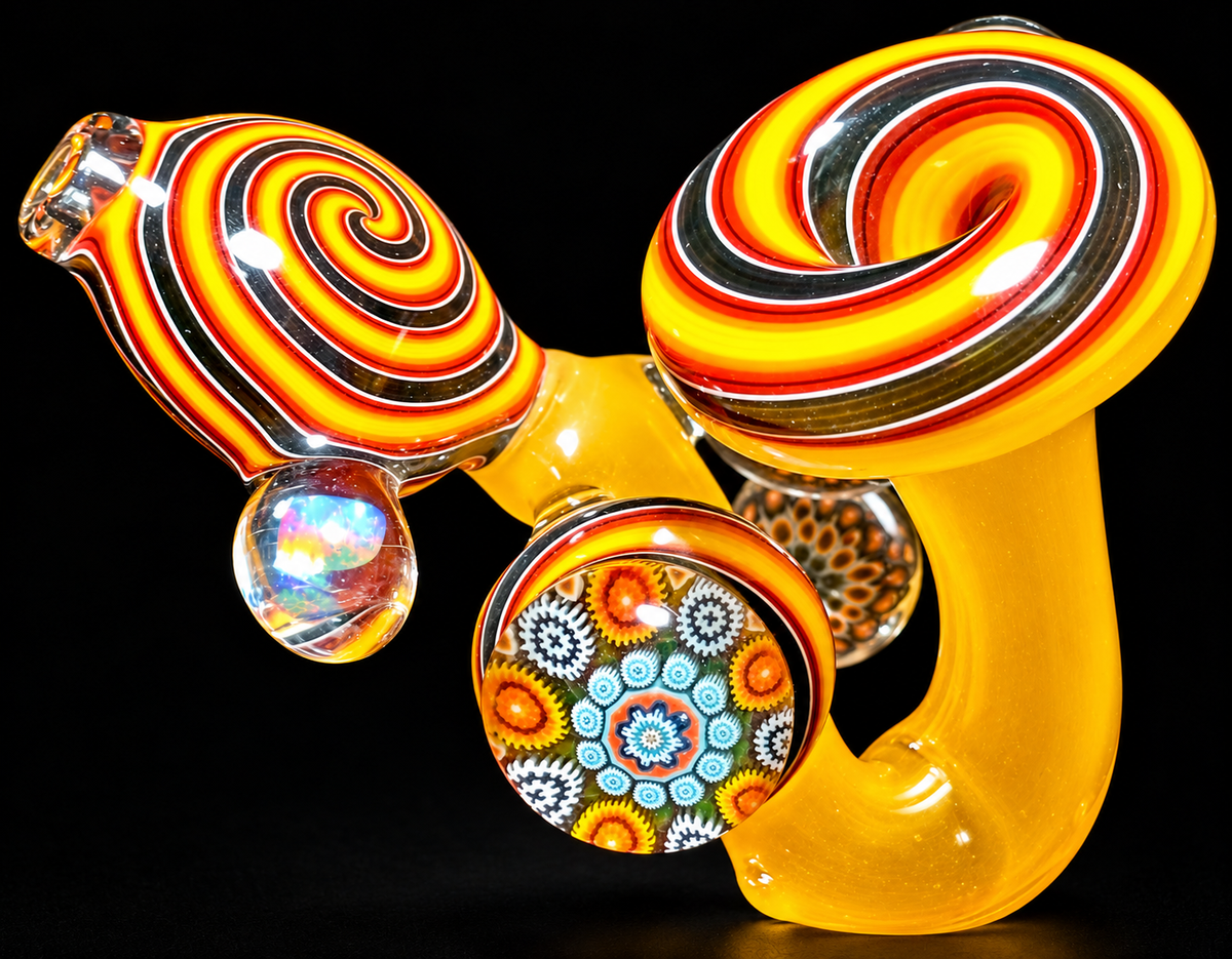 Future Glass Art (Ben Birney) Yellow & Fire Weiss Sherlock with Millefiori & Opal
