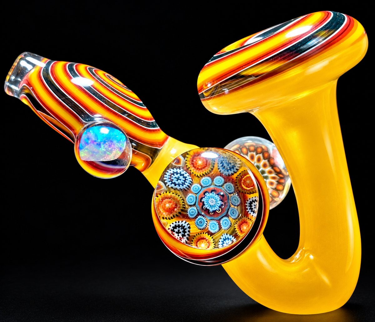 Future Glass Art (Ben Birney) Yellow & Fire Weiss Sherlock with Millefiori & Opal