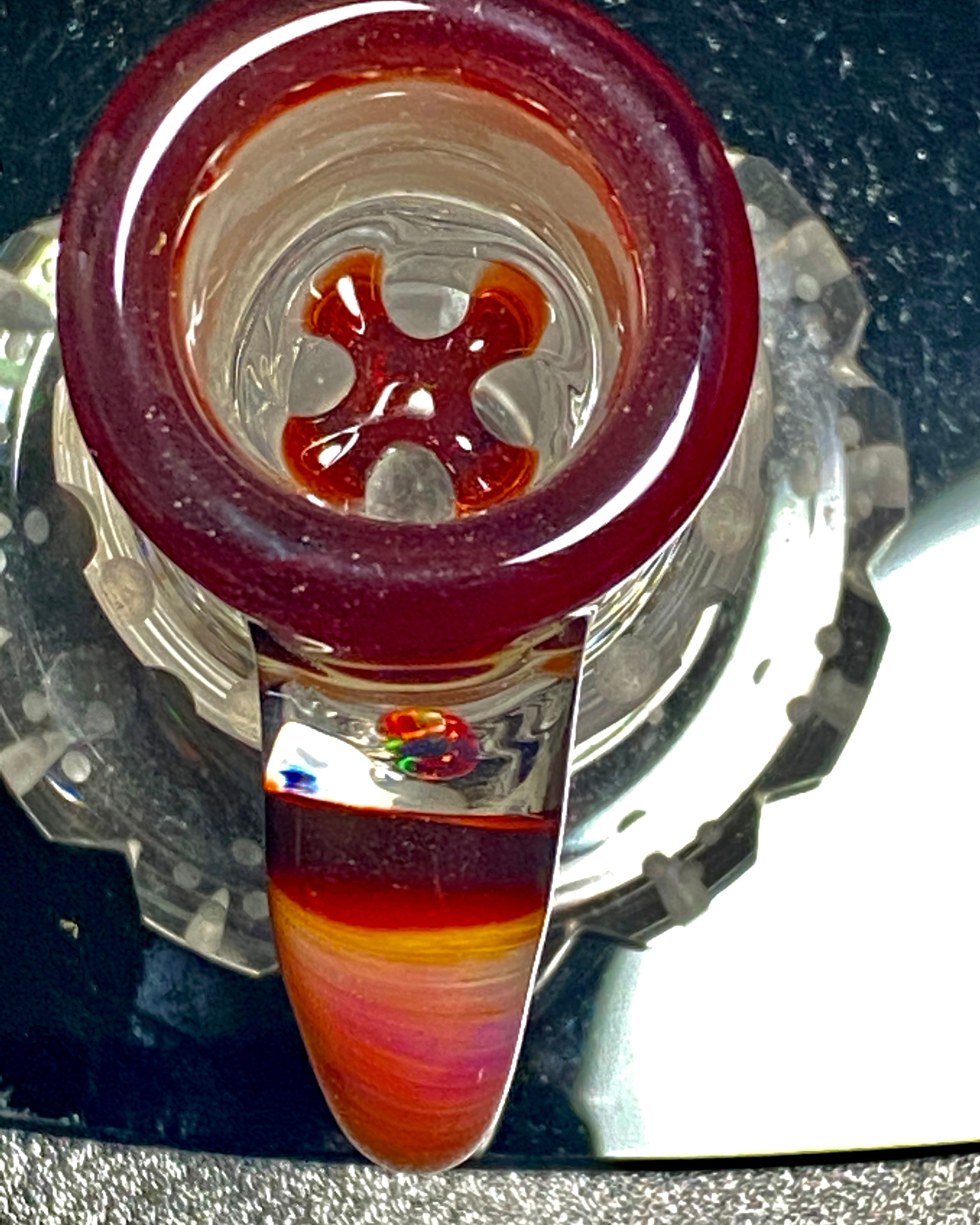 Mary Blows Glass Worked Red-Yellow Horn Handle w- Opal 18mm Slide - TheSmokeyMcPotz Collection 