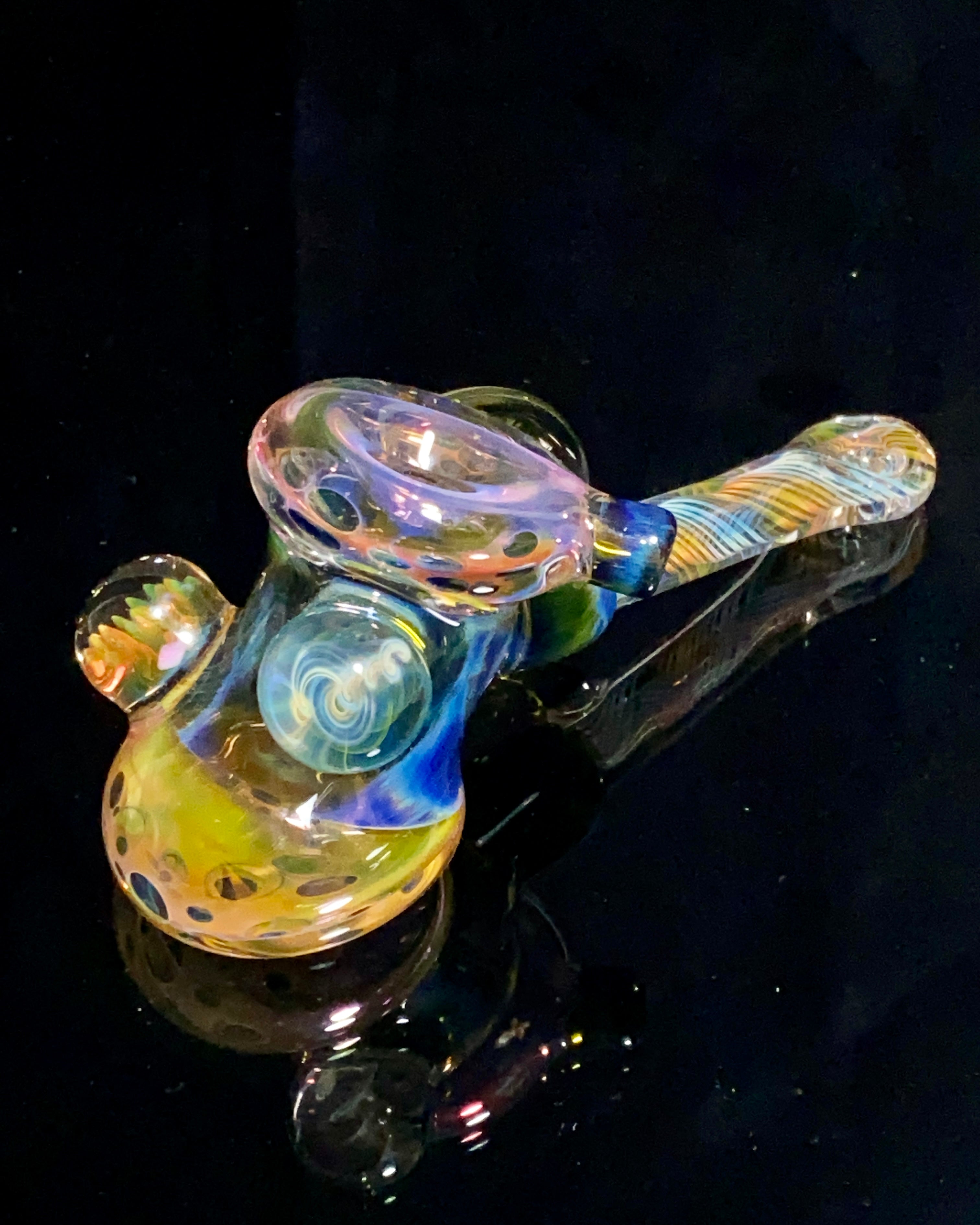 B $ Glass Deep Darkness Fully Fumed Hammer w- Worked Disc & Marbles - TheSmokeyMcPotz Collection 