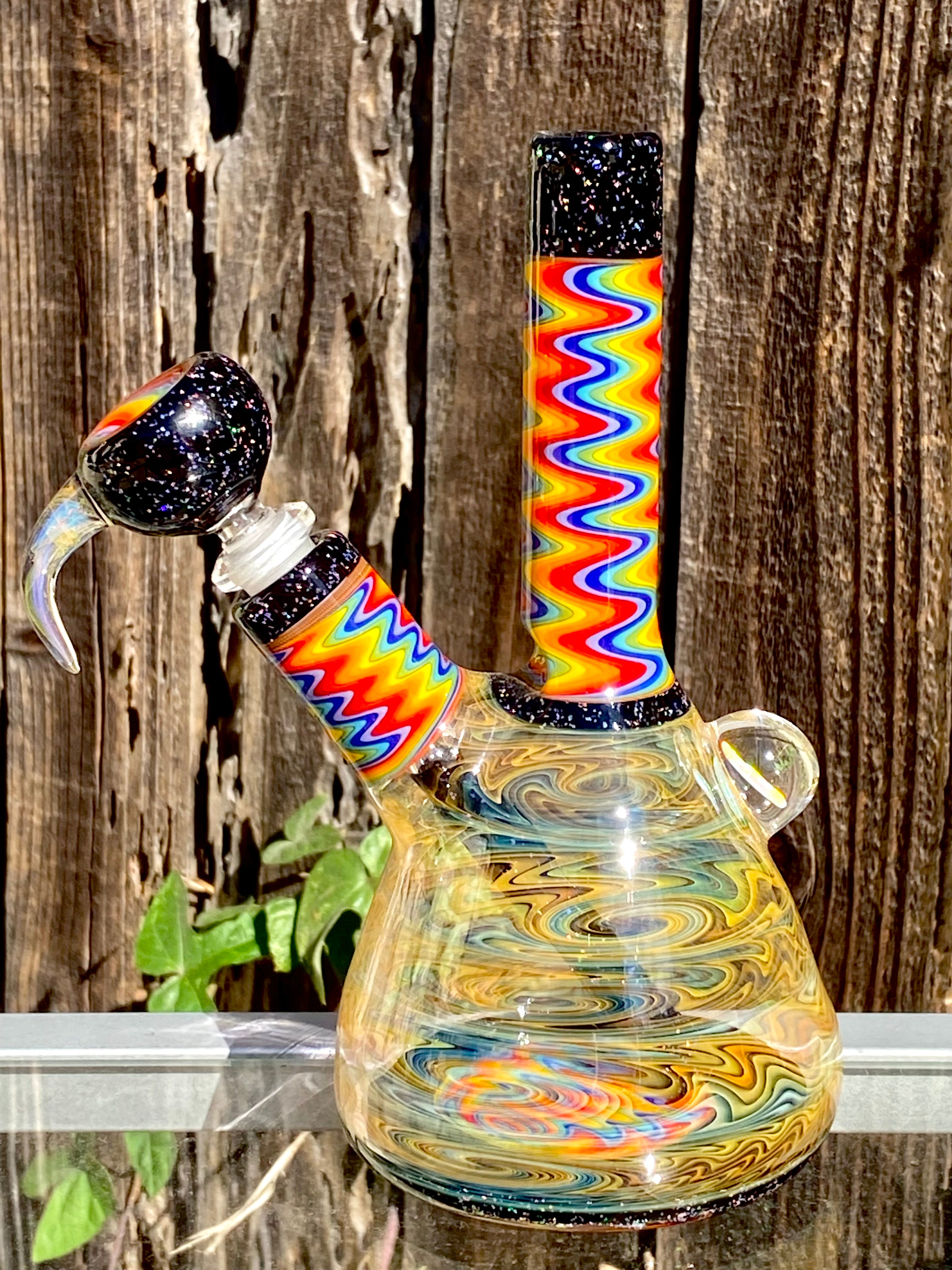 Jakers Glass CRUSHED OPAL Wig Wag Fully Worked and Fumed 10mm Beaker