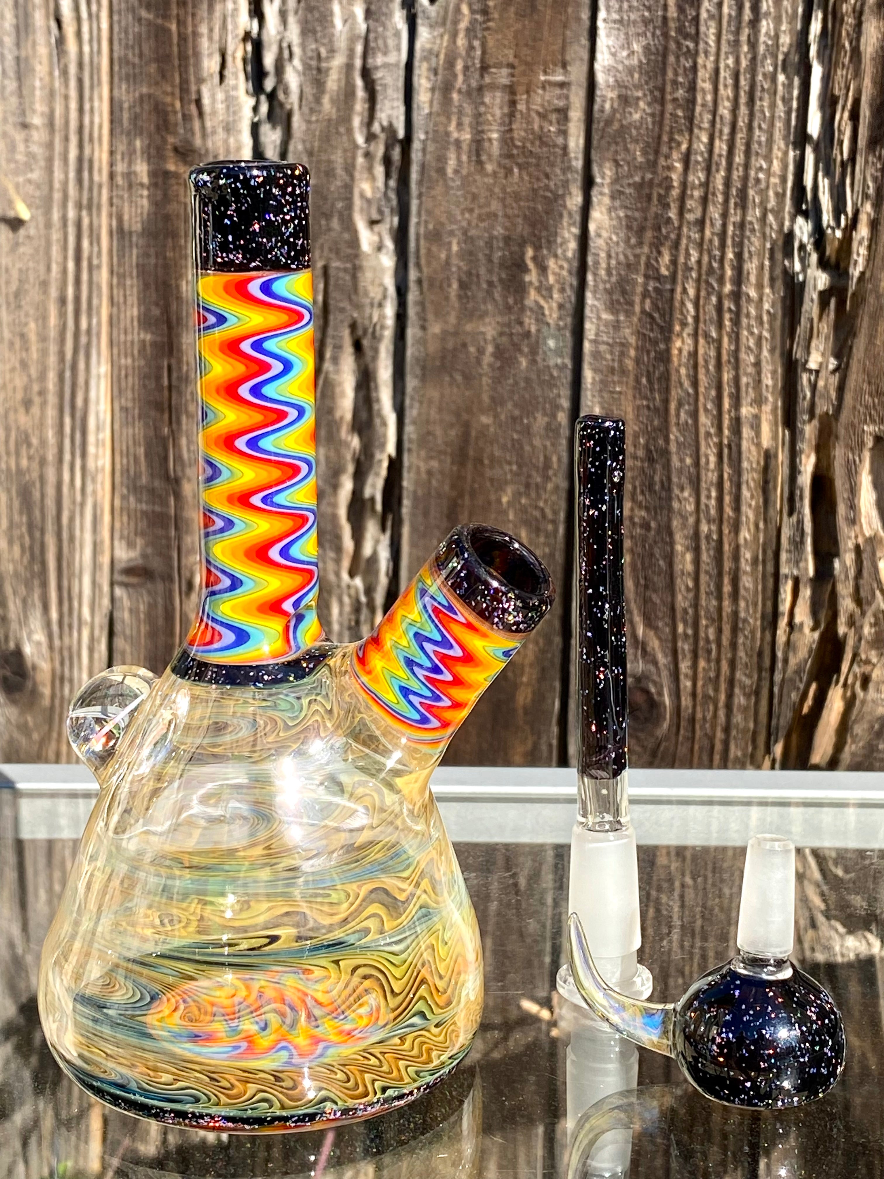 Jakers Glass CRUSHED OPAL Wig Wag Fully Worked and Fumed 10mm Beaker