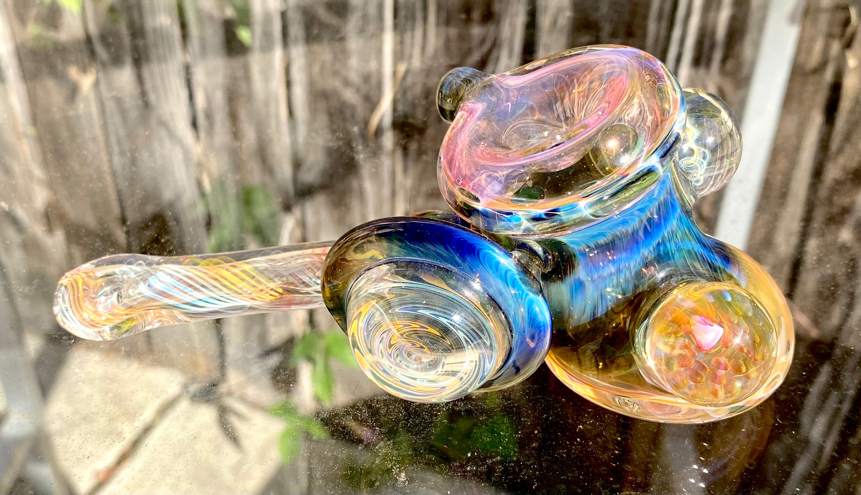 B $ Glass Deep Darkness Fully Fumed Hammer w- Worked Disc & Marbles